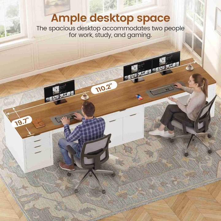SEDETA 110.2 Inch Long 2 Person Desk with 9 Drawers for Home Office Long Computer Desk with Storage Cabinet Gaming Double Desk with Power Outlets Two Person Office Desk with Drawers