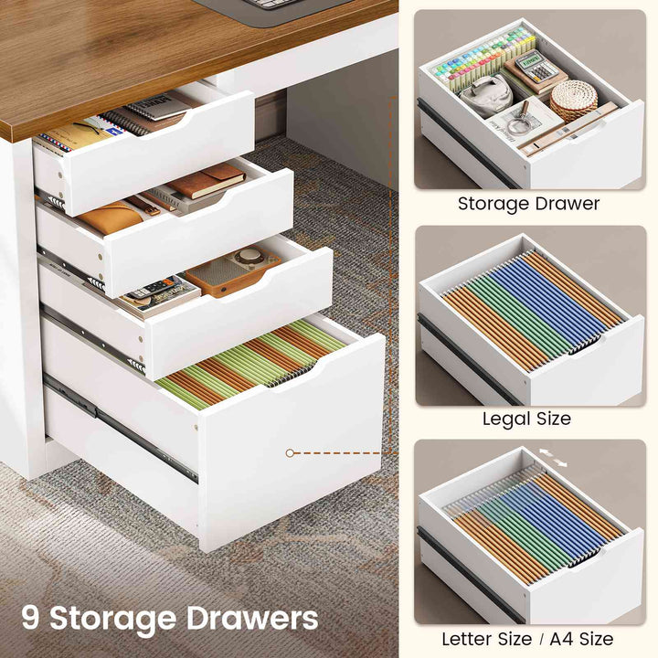 SEDETA 110.2 Inch Long 2 Person Desk with 9 Drawers for Home Office Long Computer Desk with Storage Cabinet Gaming Double Desk with Power Outlets Two Person Office Desk with Drawers
