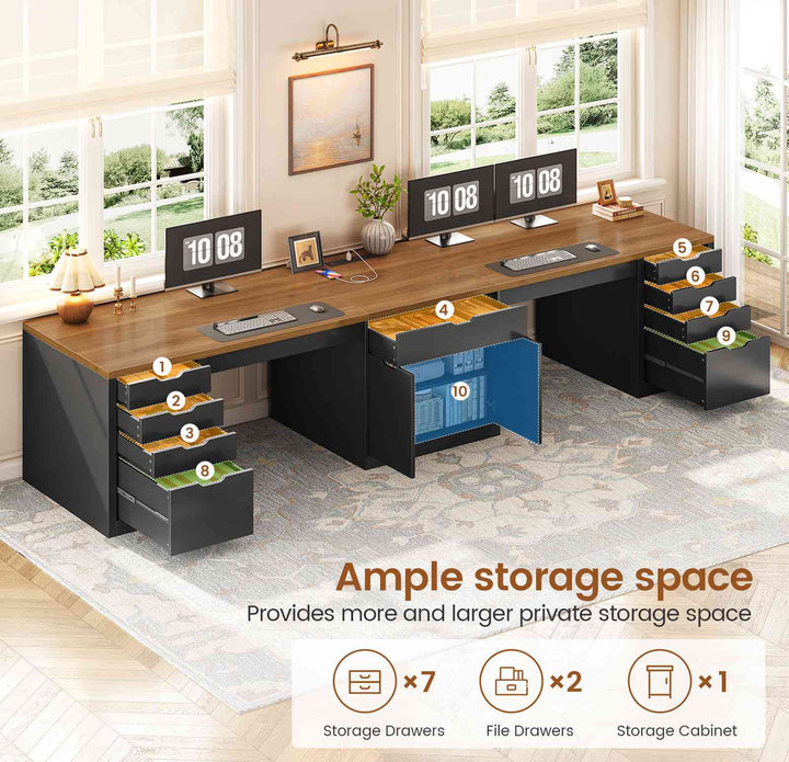 SEDETA 110.2 Inch Long 2 Person Desk with 9 Drawers for Home Office Long Computer Desk with Storage Cabinet Gaming Double Desk with Power Outlets Two Person Office Desk with Drawers