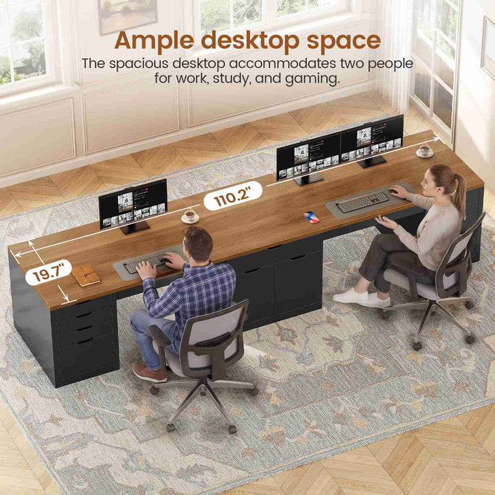 SEDETA 110.2 Inch Long 2 Person Desk with 9 Drawers for Home Office Long Computer Desk with Storage Cabinet Gaming Double Desk with Power Outlets Two Person Office Desk with Drawers