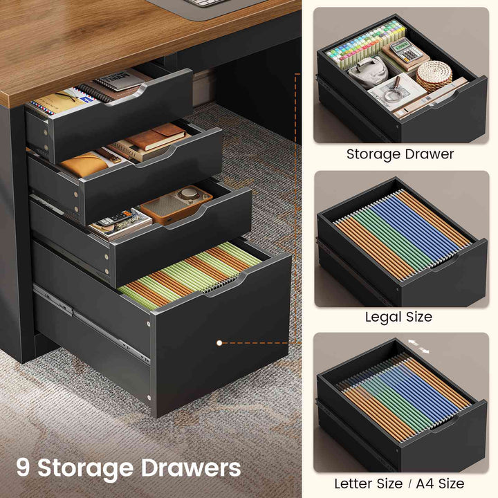 SEDETA 110.2 Inch Long 2 Person Desk with 9 Drawers for Home Office Long Computer Desk with Storage Cabinet Gaming Double Desk with Power Outlets Two Person Office Desk with Drawers