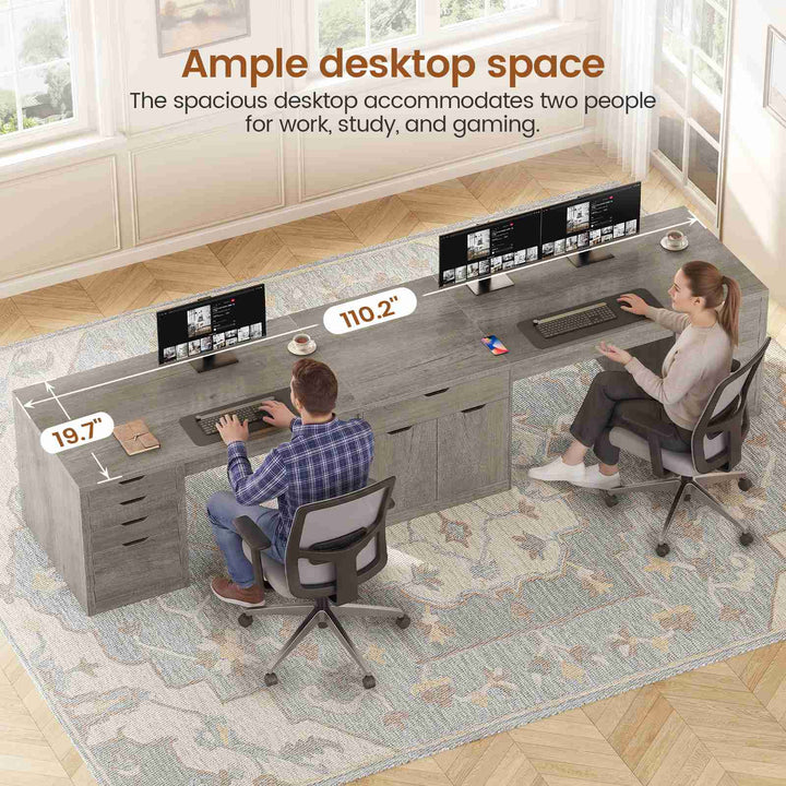 SEDETA 110.2 Inch Long 2 Person Desk with 9 Drawers for Home Office Long Computer Desk with Storage Cabinet Gaming Double Desk with Power Outlets Two Person Office Desk with Drawers
