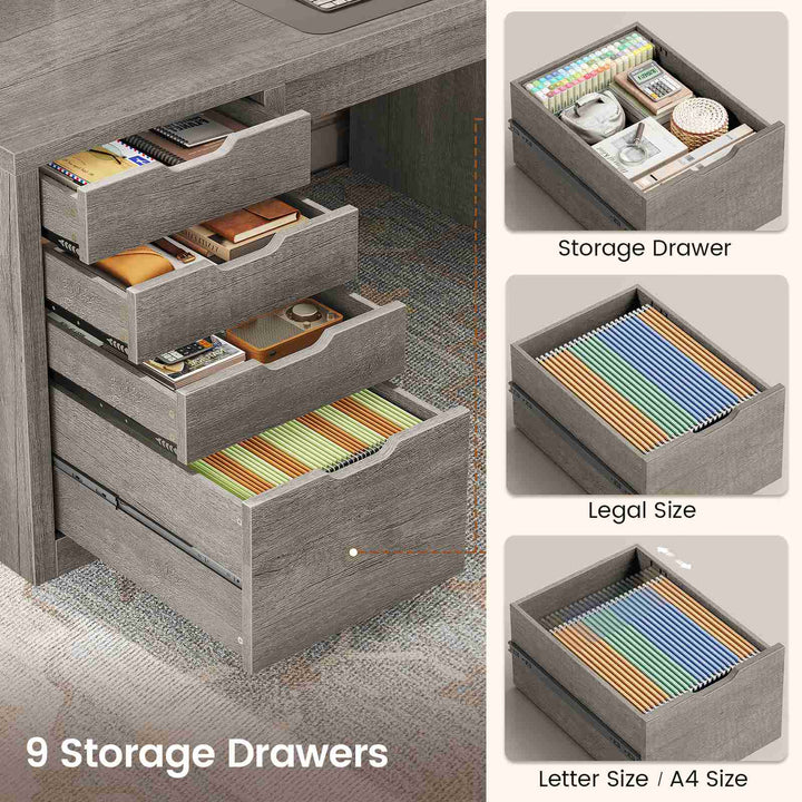 SEDETA 110.2 Inch Long 2 Person Desk with 9 Drawers for Home Office Long Computer Desk with Storage Cabinet Gaming Double Desk with Power Outlets Two Person Office Desk with Drawers