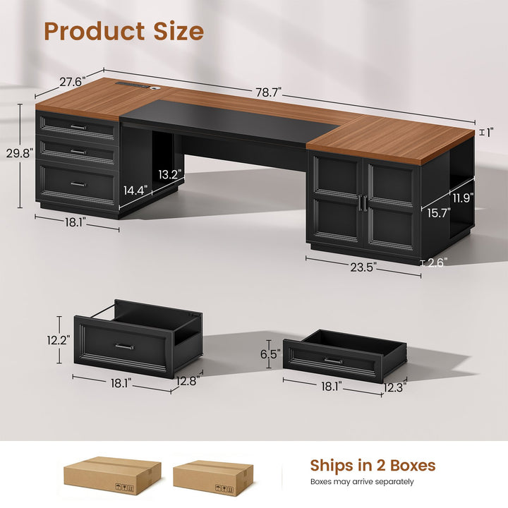 SEDETA 78.7 Inch Executive Desk with Drawers and Power Outlets Large Home Office Computer Desk with File Drawer Storage Cabinet Open Shelves CPU Stand Wood Workstation