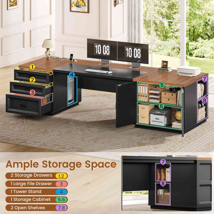 SEDETA 78.7 Inch Executive Desk with Drawers and Power Outlets Large Home Office Computer Desk with File Drawer Storage Cabinet Open Shelves CPU Stand Wood Workstation