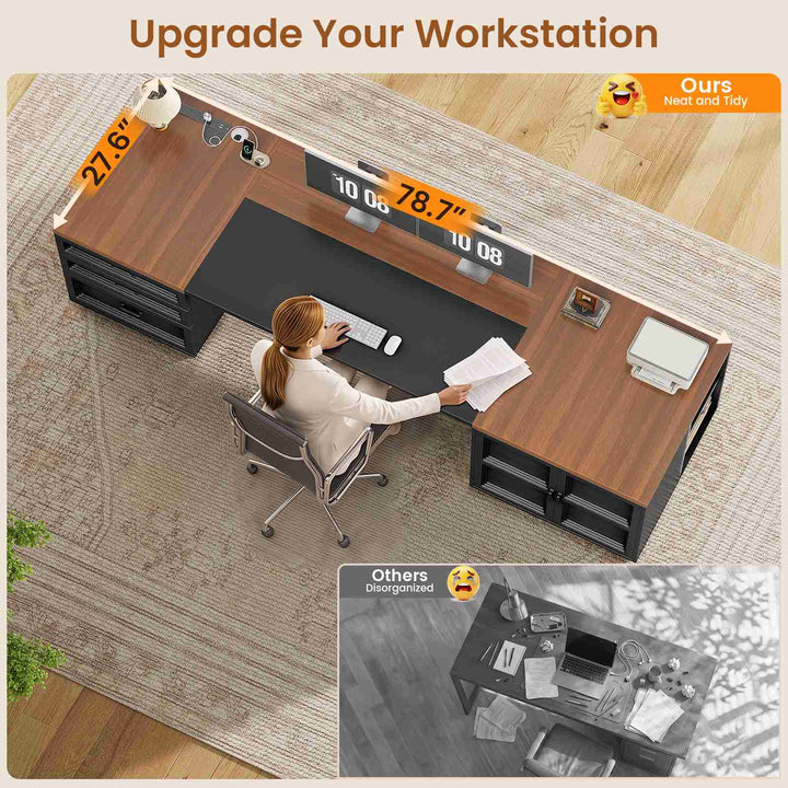 SEDETA 78.7 Inch Executive Desk with Drawers and Power Outlets Large Home Office Computer Desk with File Drawer Storage Cabinet Open Shelves CPU Stand Wood Workstation