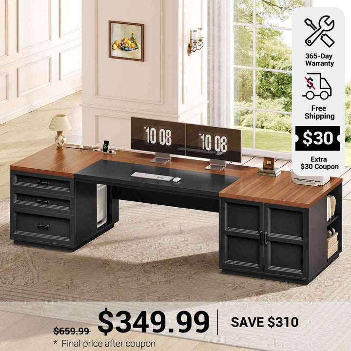SEDETA 78.7 Inch Executive Desk with Drawers and Power Outlets Large Home Office Computer Desk with File Drawer Storage Cabinet Open Shelves CPU Stand Wood Workstation