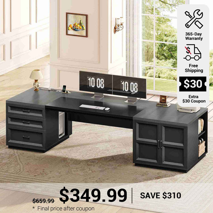 SEDETA 78.7 Inch Executive Desk with Drawers and Power Outlets Large Home Office Computer Desk with File Drawer Storage Cabinet Open Shelves CPU Stand Wood Workstation