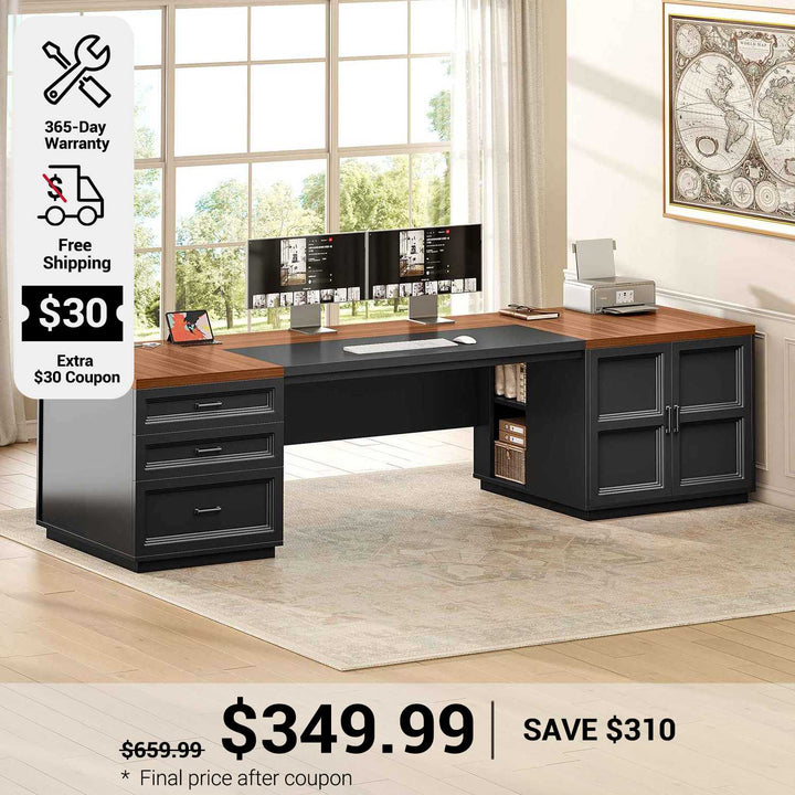SEDETA 78.7 Inch Executive Desk with Drawers and Power Outlets Large Home Office Computer Desk with File Drawer Storage Cabinet Open Shelves CPU Stand Wood Workstation