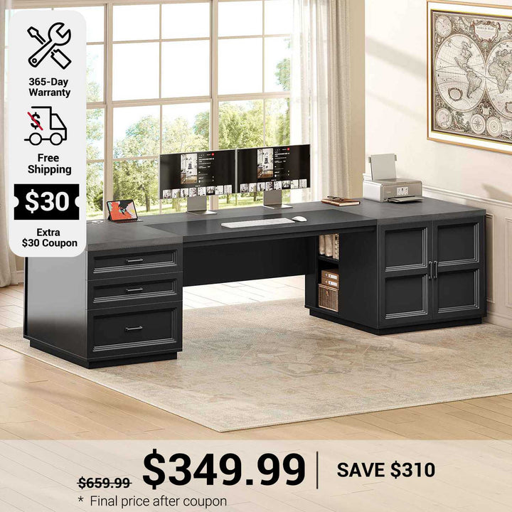 SEDETA 78.7 Inch Executive Desk with Drawers and Power Outlets Large Home Office Computer Desk with File Drawer Storage Cabinet Open Shelves CPU Stand Wood Workstation