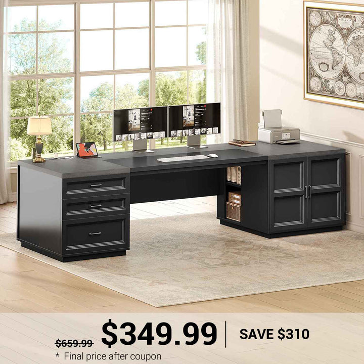 SEDETA 78.7 Inch Executive Desk with Drawers and Power Outlets Large Home Office Computer Desk with File Drawer Storage Cabinet Open Shelves CPU Stand Wood Workstation