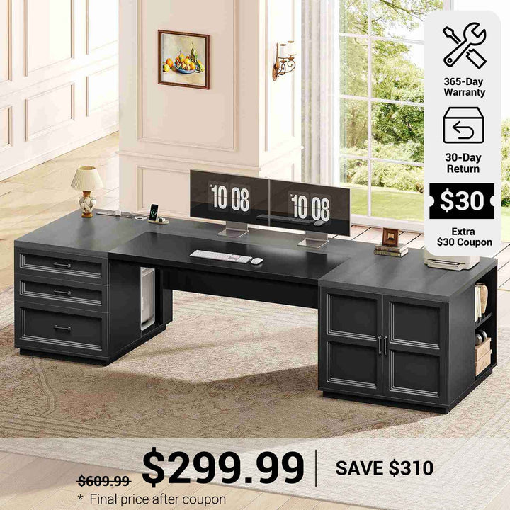 SEDETA® 78.7 Inch Home Office Computer Desk with Drawers and Power Outlets Executive Desk with File Drawer Storage Cabinet Open Shelves CPU Stand Wood Workstation
