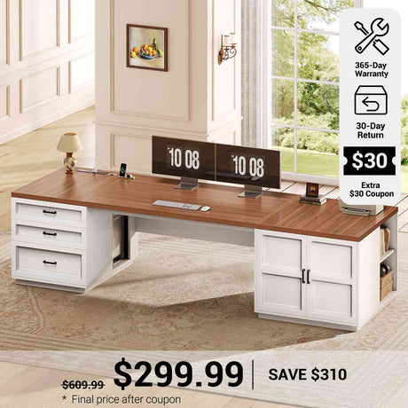 SEDETA® 78.7 Inch Home Office Computer Desk with Drawers and Power Outlets Executive Desk with File Drawer Storage Cabinet Open Shelves CPU Stand Wood Workstation