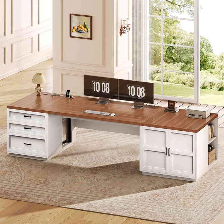 SEDETA 78.7 Inch Executive Desk with Drawers and Power Outlets Large Home Office Computer Desk with File Drawer Storage Cabinet Open Shelves CPU Stand Wood Workstation