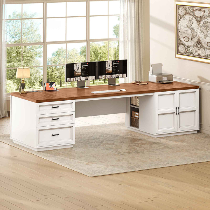 SEDETA 78.7 Inch Executive Desk with Drawers and Power Outlets Large Home Office Computer Desk with File Drawer Storage Cabinet Open Shelves CPU Stand Wood Workstation