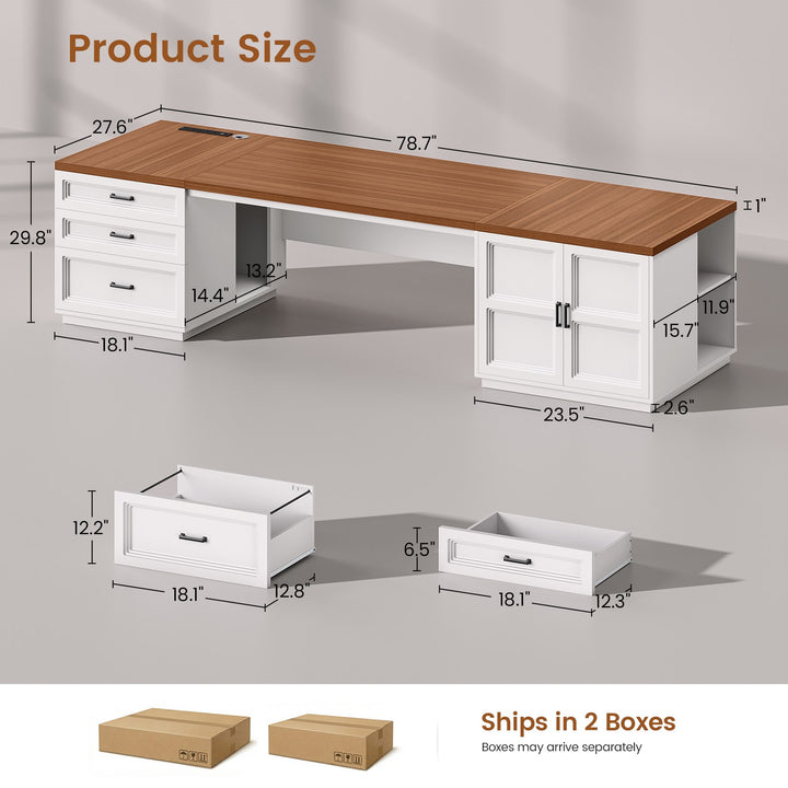 SEDETA 78.7 Inch Executive Desk with Drawers and Power Outlets Large Home Office Computer Desk with File Drawer Storage Cabinet Open Shelves CPU Stand Wood Workstation