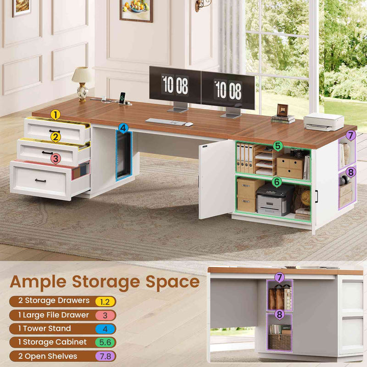 SEDETA 78.7 Inch Executive Desk with Drawers and Power Outlets Large Home Office Computer Desk with File Drawer Storage Cabinet Open Shelves CPU Stand Wood Workstation