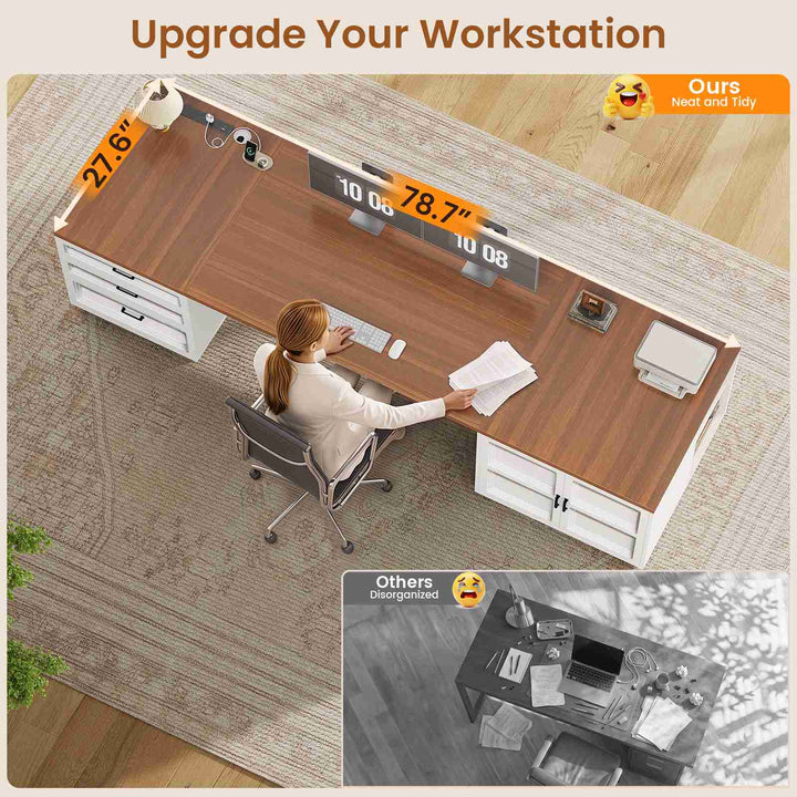 SEDETA 78.7 Inch Executive Desk with Drawers and Power Outlets Large Home Office Computer Desk with File Drawer Storage Cabinet Open Shelves CPU Stand Wood Workstation