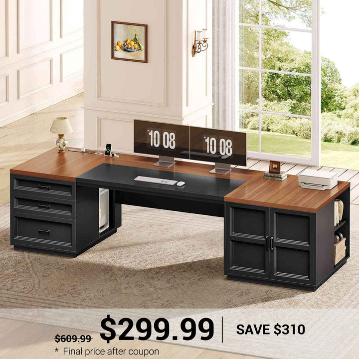 SEDETA® 78.7 Inch Home Office Computer Desk with Drawers and Power Outlets Executive Desk with File Drawer Storage Cabinet Open Shelves CPU Stand Wood Workstation
