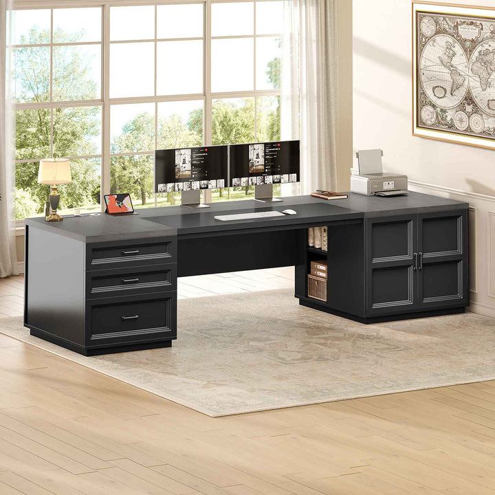 SEDETA 78.7 Inch Executive Desk with Drawers and Power Outlets Large Home Office Computer Desk with File Drawer Storage Cabinet Open Shelves CPU Stand Wood Workstation
