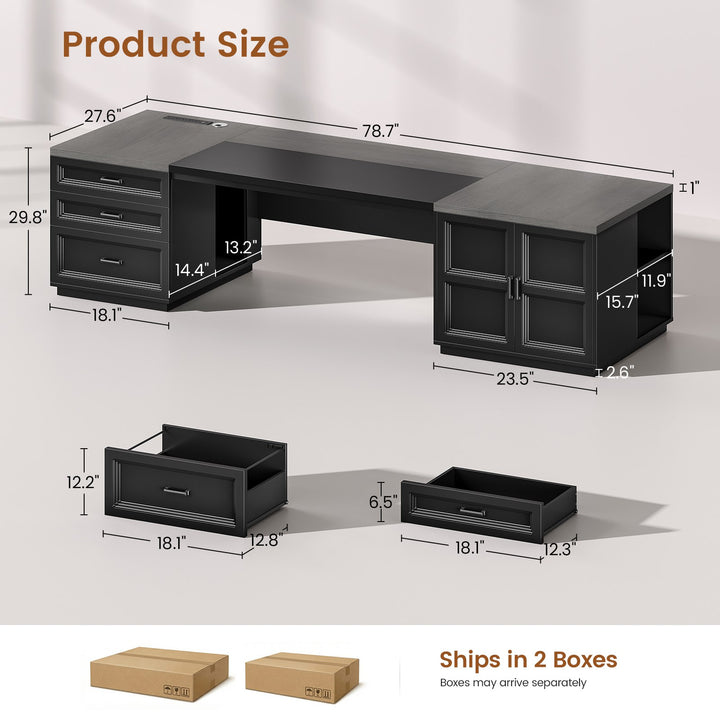 SEDETA 78.7 Inch Executive Desk with Drawers and Power Outlets Large Home Office Computer Desk with File Drawer Storage Cabinet Open Shelves CPU Stand Wood Workstation