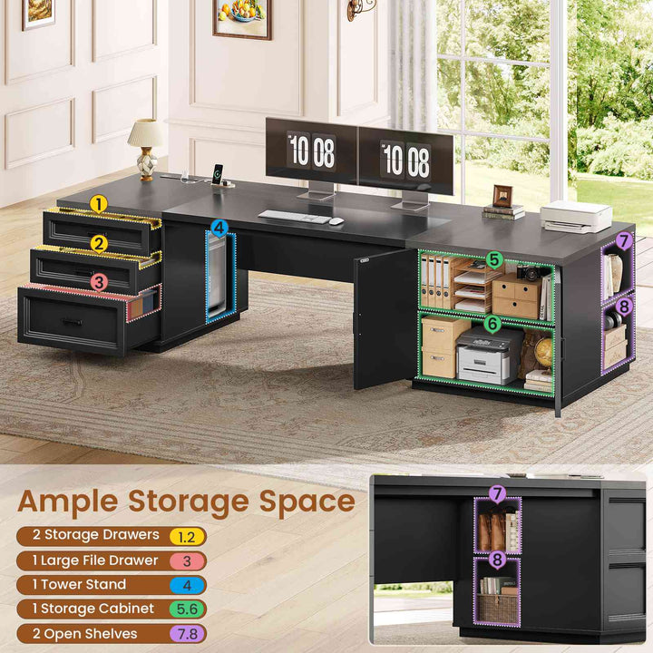 SEDETA 78.7 Inch Executive Desk with Drawers and Power Outlets Large Home Office Computer Desk with File Drawer Storage Cabinet Open Shelves CPU Stand Wood Workstation