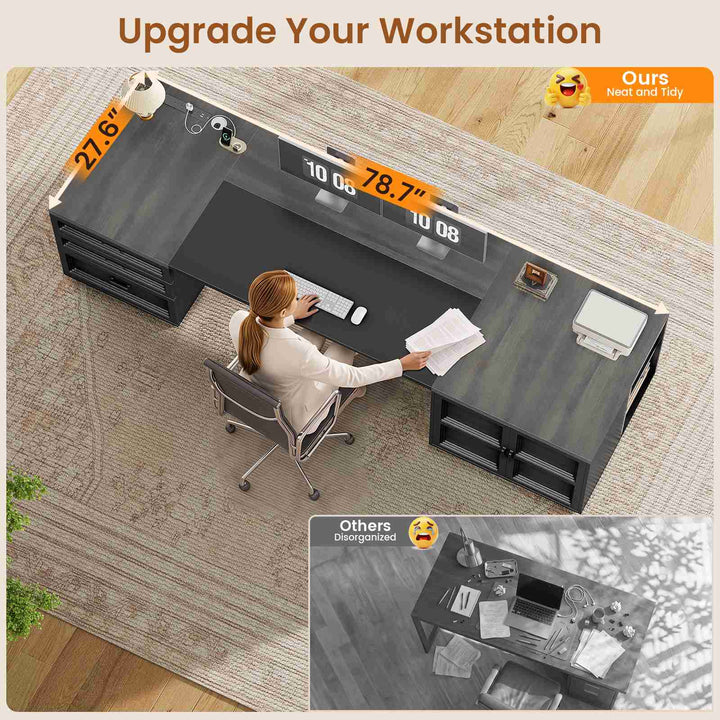 SEDETA 78.7 Inch Executive Desk with Drawers and Power Outlets Large Home Office Computer Desk with File Drawer Storage Cabinet Open Shelves CPU Stand Wood Workstation