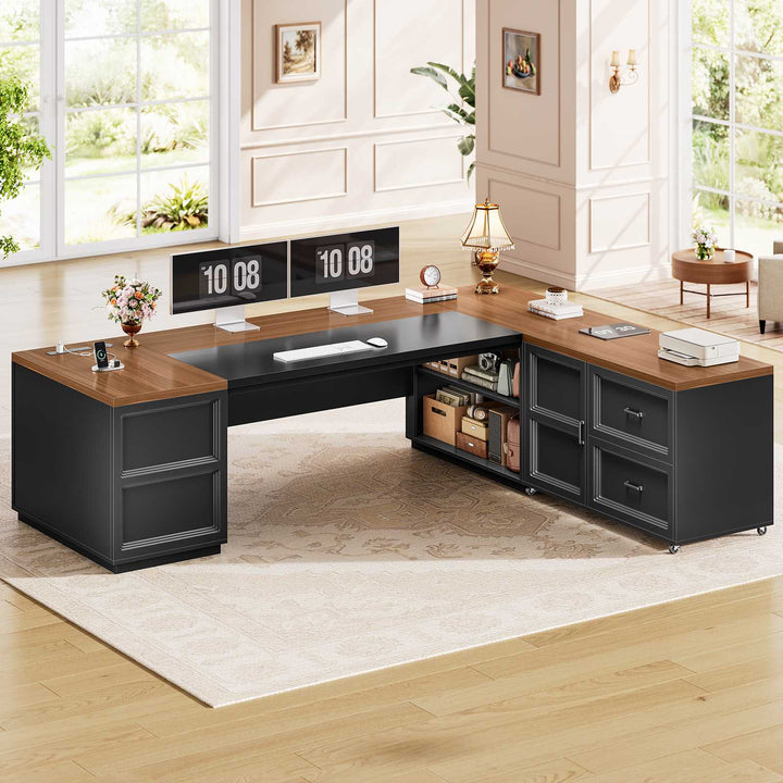 SEDETA 78.7 Inch L Shaped Executive Desk with Mobile File Cabinet Power Outlet Large Home Office Computer Desk with Drawers Storage Shelves Privacy Baffle