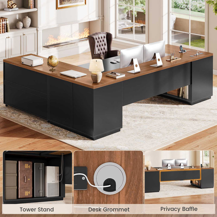 SEDETA 78.7 Inch L Shaped Executive Desk with Mobile File Cabinet Power Outlet Large Home Office Computer Desk with Drawers Storage Shelves Privacy Baffle