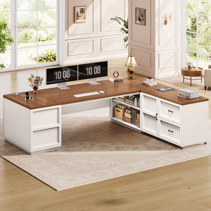 SEDETA 78.7 Inch L Shaped Executive Desk with Mobile File Cabinet Power Outlet Large Home Office Computer Desk with Drawers Storage Shelves Privacy Baffle