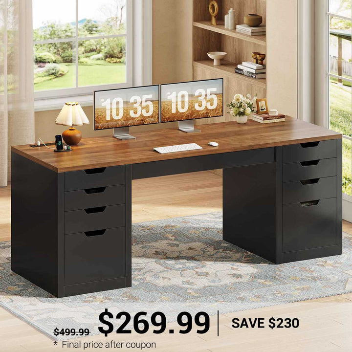 SEDETA 59.1 Inch Computer Desk with 8 Drawers Power Outlet Executive Home Office Desk with File Drawers Wood Workstation with USB Type-C Charging Station