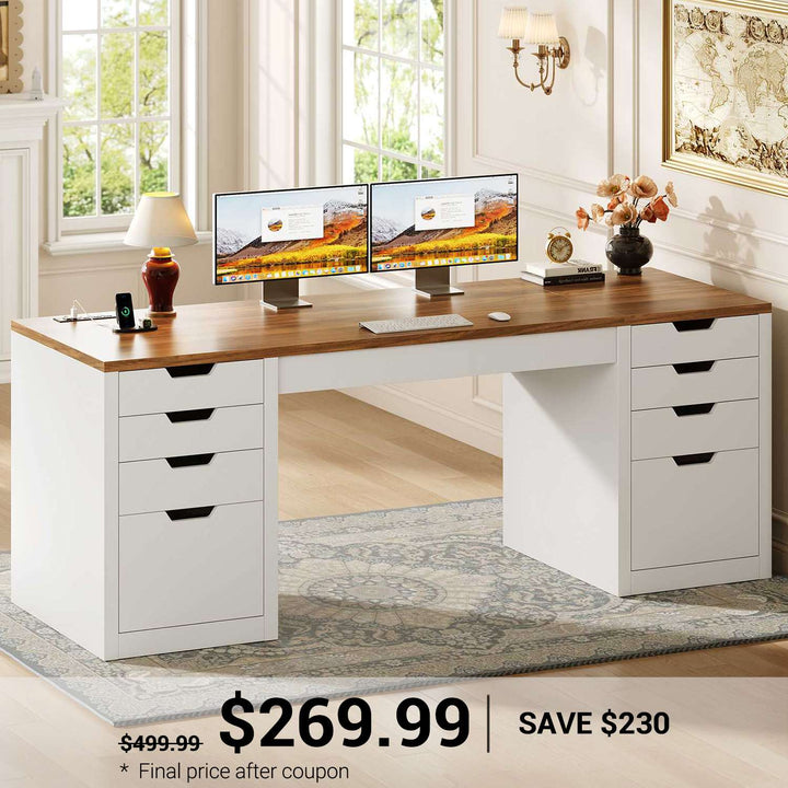 SEDETA 59.1 Inch Computer Desk with 8 Drawers Power Outlet Executive Home Office Desk with File Drawers Wood Workstation with USB Type-C Charging Station