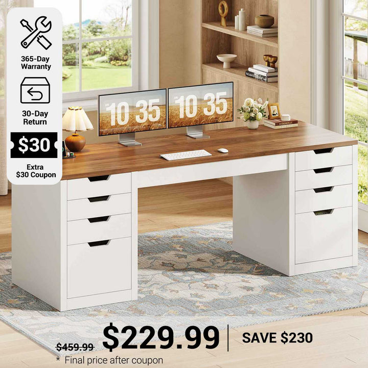 SEDETA® 59.1 Inch Executive Home Office Desk with 8 Drawers Power Outlet Computer Desk with File Drawers Wood Workstation with USB Type-C Charging Station