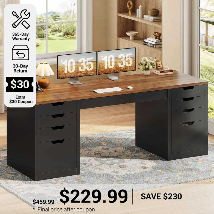 SEDETA® 59.1 Inch Executive Home Office Desk with 8 Drawers Power Outlet Computer Desk with File Drawers Wood Workstation with USB Type-C Charging Station