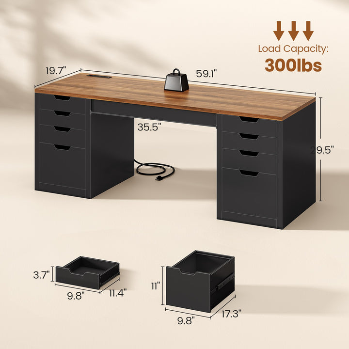 SEDETA | 59.1 Inch Home Office Desk with 8 Drawers Power Outlet Computer Desk with File Drawers Wood Executive Desk with USB Type-C Charging Station