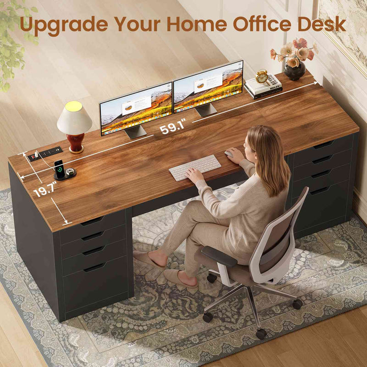 SEDETA | 59.1 Inch Home Office Desk with 8 Drawers Power Outlet Computer Desk with File Drawers Wood Executive Desk with USB Type-C Charging Station