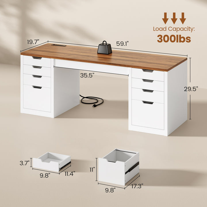 SEDETA | 59.1 Inch Home Office Desk with 8 Drawers Power Outlet Computer Desk with File Drawers Wood Executive Desk with USB Type-C Charging Station