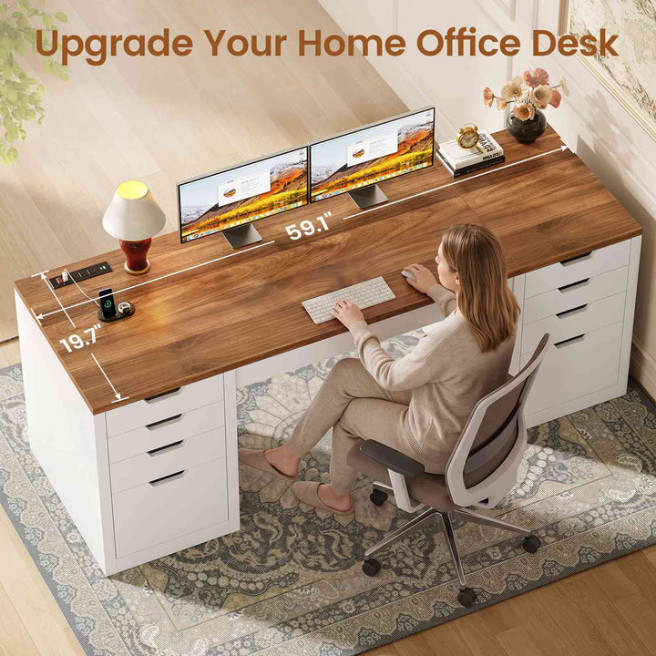 SEDETA | 59.1 Inch Home Office Desk with 8 Drawers Power Outlet Computer Desk with File Drawers Wood Executive Desk with USB Type-C Charging Station