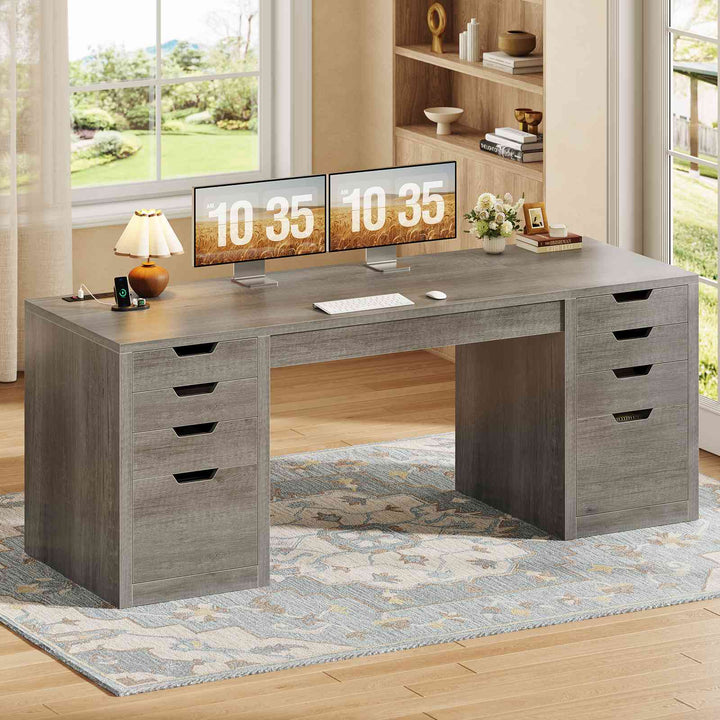 SEDETA | 59.1 Inch Home Office Desk with 8 Drawers Power Outlet Computer Desk with File Drawers Wood Executive Desk with USB Type-C Charging Station