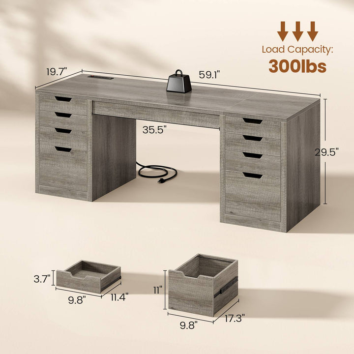 SEDETA | 59.1 Inch Home Office Desk with 8 Drawers Power Outlet Computer Desk with File Drawers Wood Executive Desk with USB Type-C Charging Station
