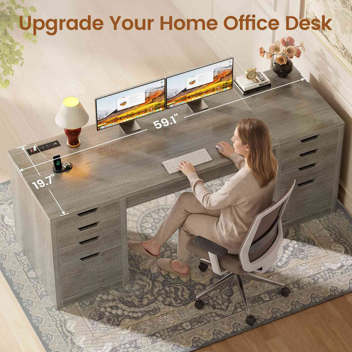 SEDETA | 59.1 Inch Home Office Desk with 8 Drawers Power Outlet Computer Desk with File Drawers Wood Executive Desk with USB Type-C Charging Station