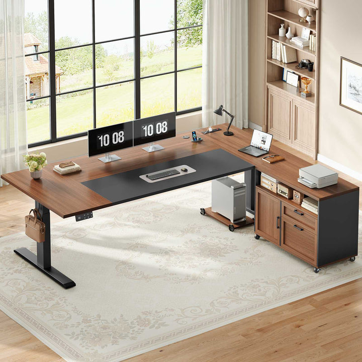 SEDETA | 71 Inch Electric Height Adjustable Desk with Drawers File Cabinet Sit Stand Desk with Power Outlets CPU Stand Large L Shaped Executive Standing Desk for Home Office