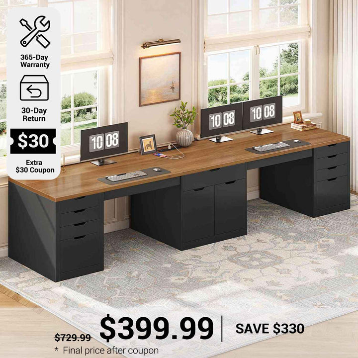 SEDETA 110.2 Inch Long 2 Person Desk with 9 Drawers for Home Office Long Computer Desk with Storage Cabinet Gaming Double Desk with Power Outlets Two Person Office Desk with Drawers