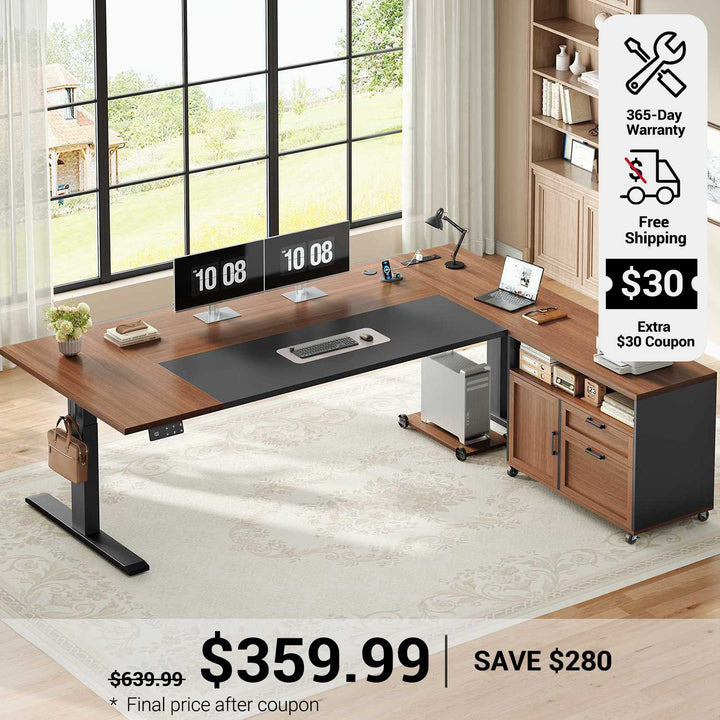 SEDETA 71 Inch L Shaped Standing Desk with Drawers File Cabinet Electric Height Adjustable Sit Stand Desk with Power Outlets CPU Stand Large Executive Computer Desk for Home Office