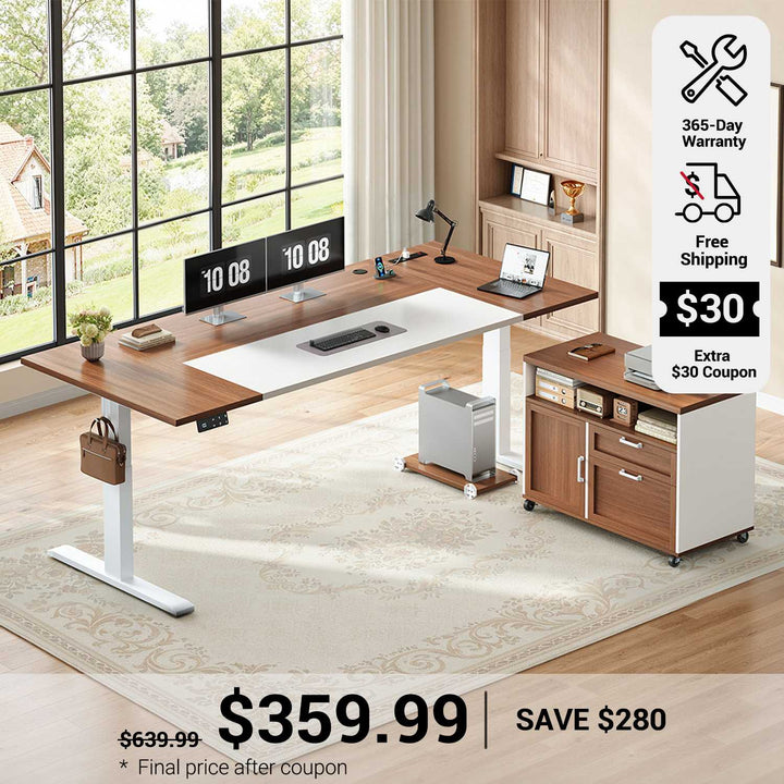 SEDETA 71 Inch L Shaped Standing Desk with Drawers File Cabinet Electric Height Adjustable Sit Stand Desk with Power Outlets CPU Stand Large Executive Computer Desk for Home Office