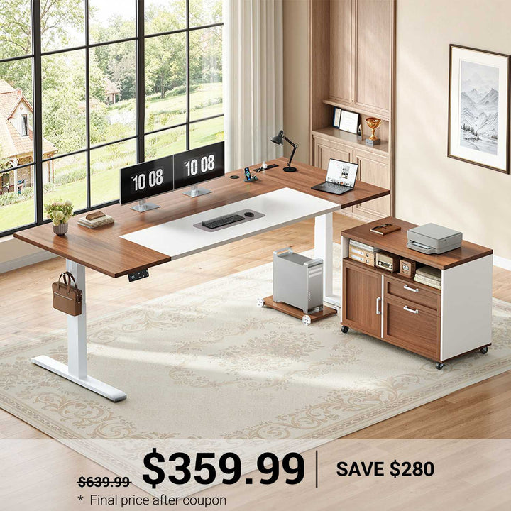 SEDETA 71 Inch L Shaped Standing Desk with Drawers File Cabinet Electric Height Adjustable Sit Stand Desk with Power Outlets CPU Stand Large Executive Computer Desk for Home Office