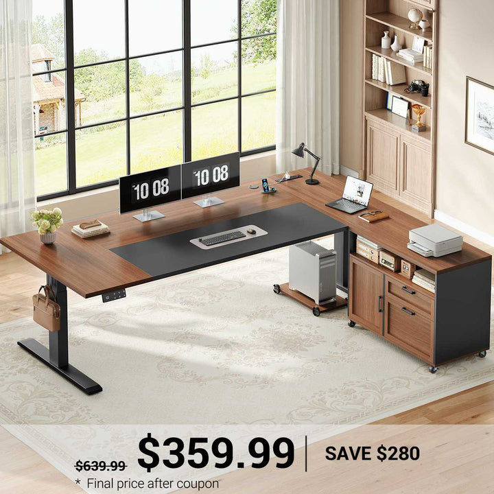 SEDETA 71 Inch L Shaped Standing Desk with Drawers File Cabinet Electric Height Adjustable Sit Stand Desk with Power Outlets CPU Stand Large Executive Computer Desk for Home Office