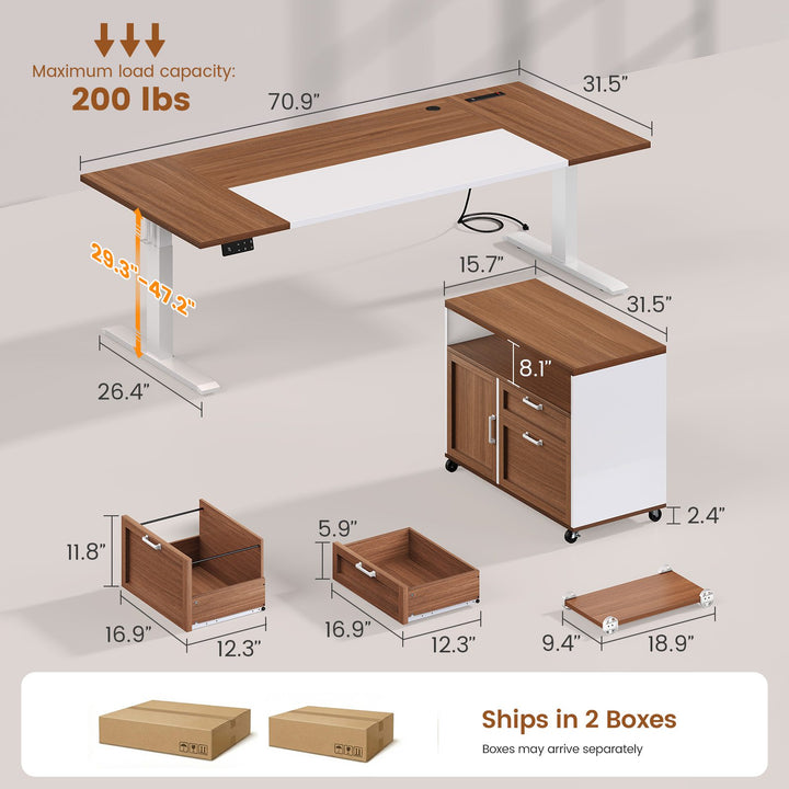 SEDETA | 71 Inch Electric Height Adjustable Desk with Drawers File Cabinet Sit Stand Desk with Power Outlets CPU Stand Large L Shaped Executive Standing Desk for Home Office