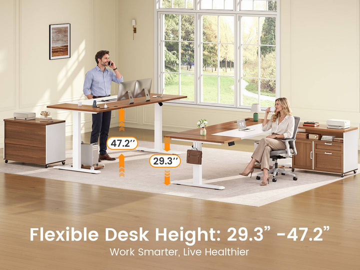 SEDETA | 71 Inch Electric Height Adjustable Desk with Drawers File Cabinet Sit Stand Desk with Power Outlets CPU Stand Large L Shaped Executive Standing Desk for Home Office