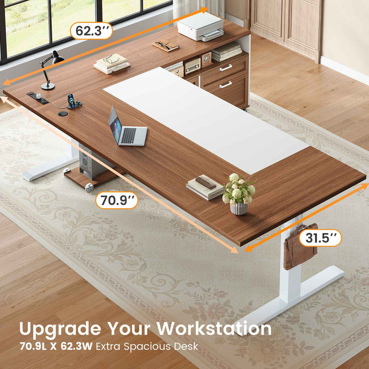 SEDETA | 71 Inch Electric Height Adjustable Desk with Drawers File Cabinet Sit Stand Desk with Power Outlets CPU Stand Large L Shaped Executive Standing Desk for Home Office